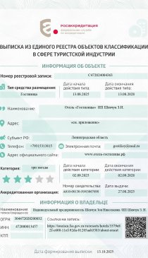 Extract from the unified register of classification objects in the field of the tourism industry